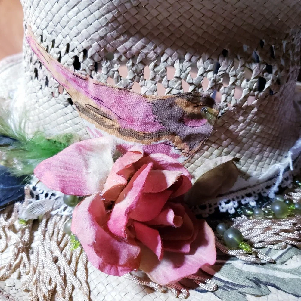 Vintage Scala Straw Hat Upcycled Painted‎ beads, feathers